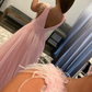 Light Pink V-Neck Backless Tulle Long Prom Dress nv698