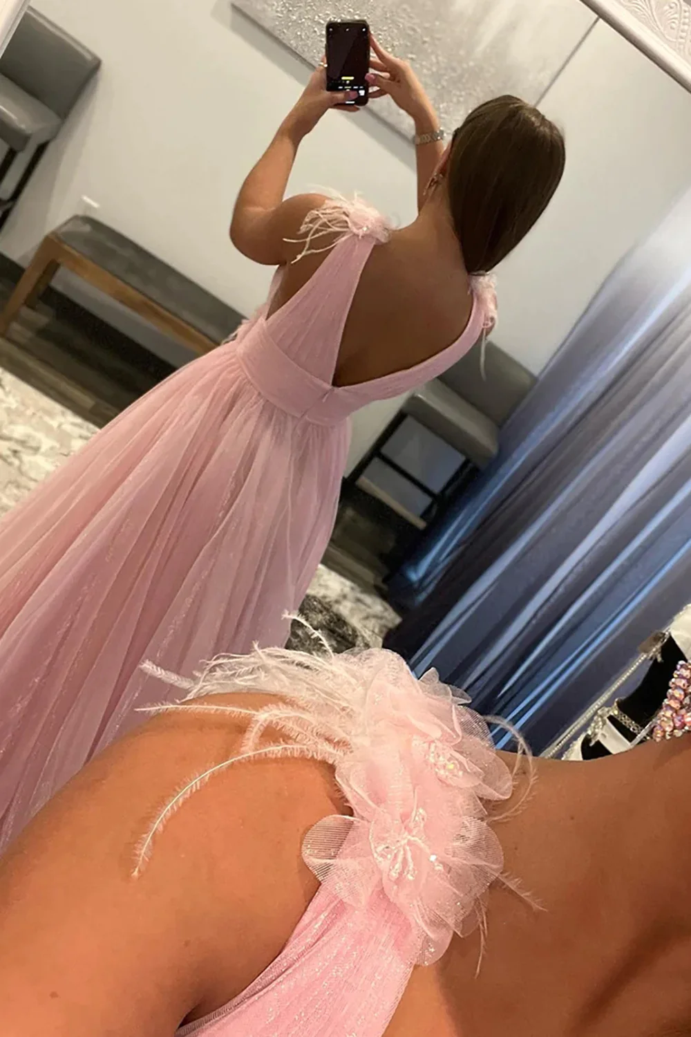 Light Pink V-Neck Backless Tulle Long Prom Dress nv698