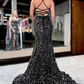 Schwarzes Meerjungfrau-Ballkleid mit Pailletten, Schnürung am Rücken und Schlitz nv651