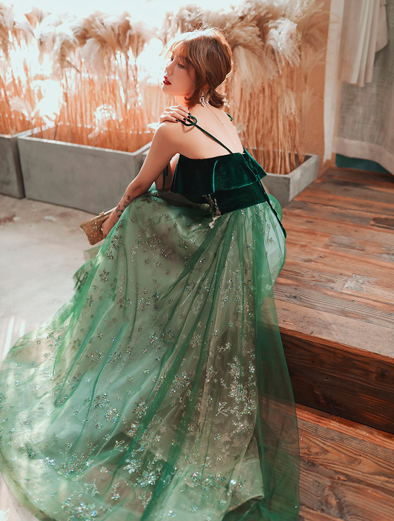 Grünes langes Abendkleid im Feentraum-Stil, Partykleid, Abschlussballkleid, nv586