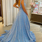 A-Linie, eckiger Ausschnitt, hellblaue Pailletten, langes Ballkleid, nv679