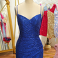 Blaues, rückenfreies, kurzes Homecoming-Kleid mit Pailletten nv628