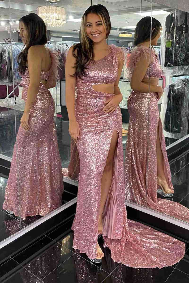 Cutout Blue One Shoulder Feathers Long Prom Dress nv837
