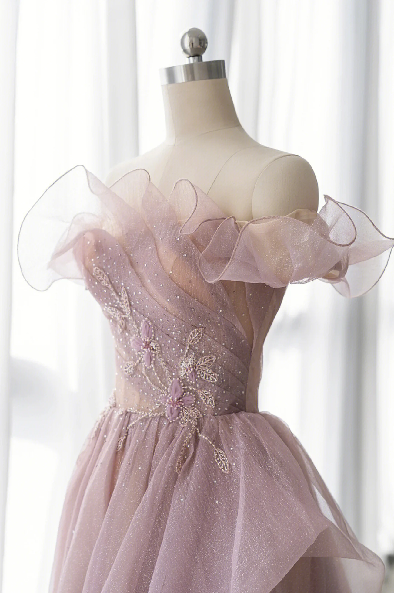 Pink Tulle Long A-line Prom Dress, Lovely Off the Shoulder Evening Dress nv600