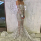 Robe de bal argentée à manches longues et épaules dénudées nv839