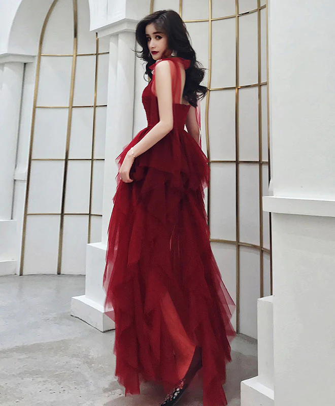 Burgundy Sweetheart Tulle Long Prom Dress, Burgundy Evening Dress nv582