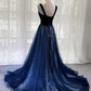 Langes Ballkleid aus blauem Samttüll, formelles Kleid NV607