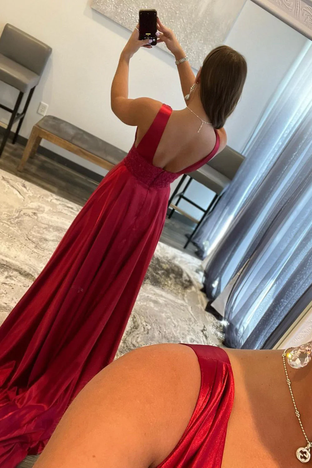 Burgundy V Neck Backless Long Prom Dress with Lace nv672