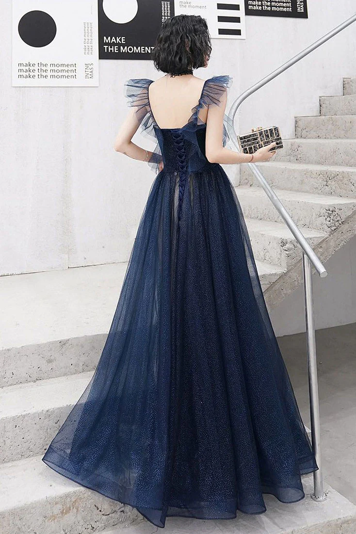 Dunkelblaues, langes Ballkleid aus Tüll mit herzförmigem Ausschnitt, blaues Abendkleid aus Tüll, NV615