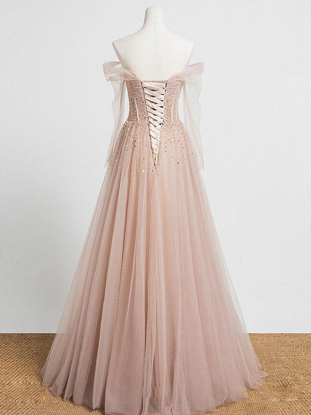 Robe de soirée longue en tulle champagne à paillettes Robe de soirée en tulle champagne nv862