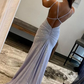Robe de bal longue à paillettes blanches et bretelles spaghetti style sirène scintillante nv685