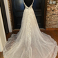 Weißes langes Ballkleid aus Tüll mit Pailletten, rückenfreies Abendkleid in A-Linie nv867