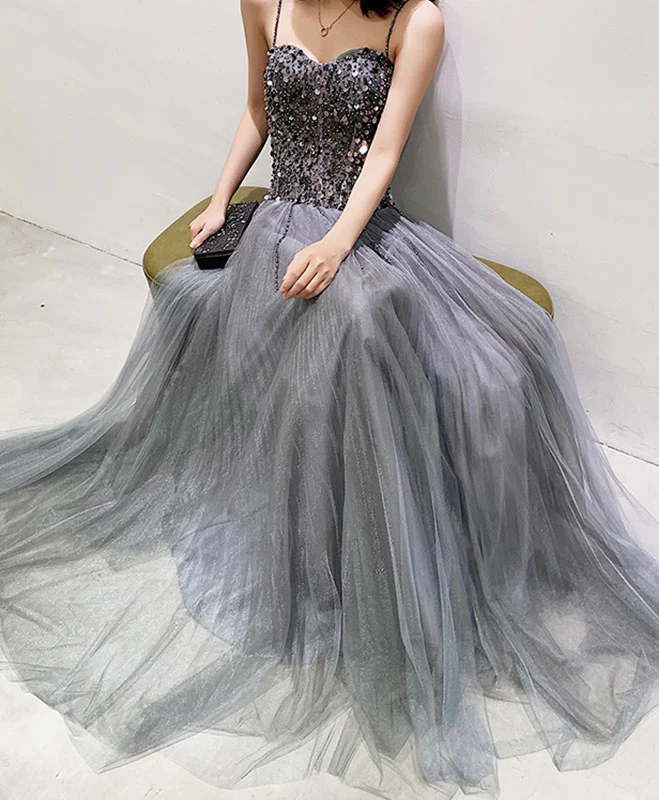 Gray Tulle Sequin Long Prom Dress Gray Tulle Formal Dress nv617