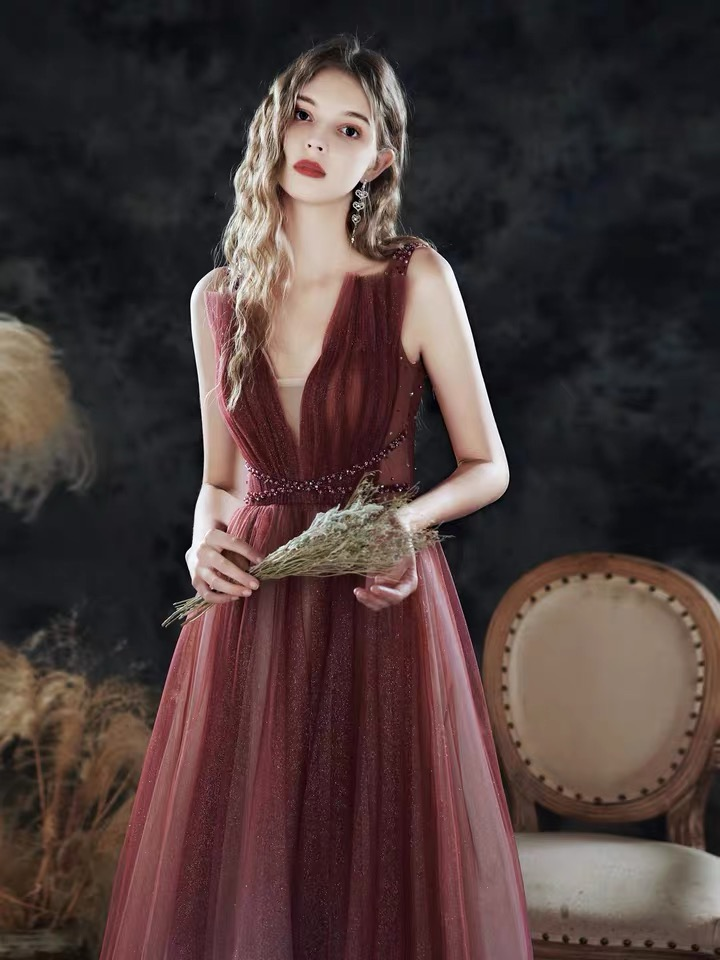 Ärmelloses Brautballkleid, neu, Sommer, rotes Ballkleid mit Farbverlauf, Partykleid mit V-Ausschnitt, nv618