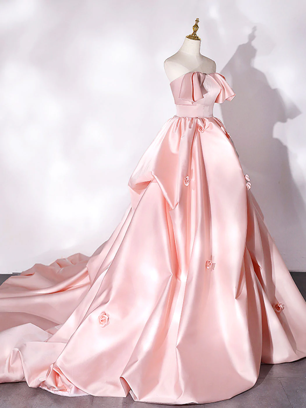 Robe de bal longue en satin rose à traîne longue, robes de soirée formelles roses nv601