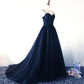Charmante robe de soirée longue en tulle bleu marine et bretelles en satin, robe de bal bleu marine nv609
