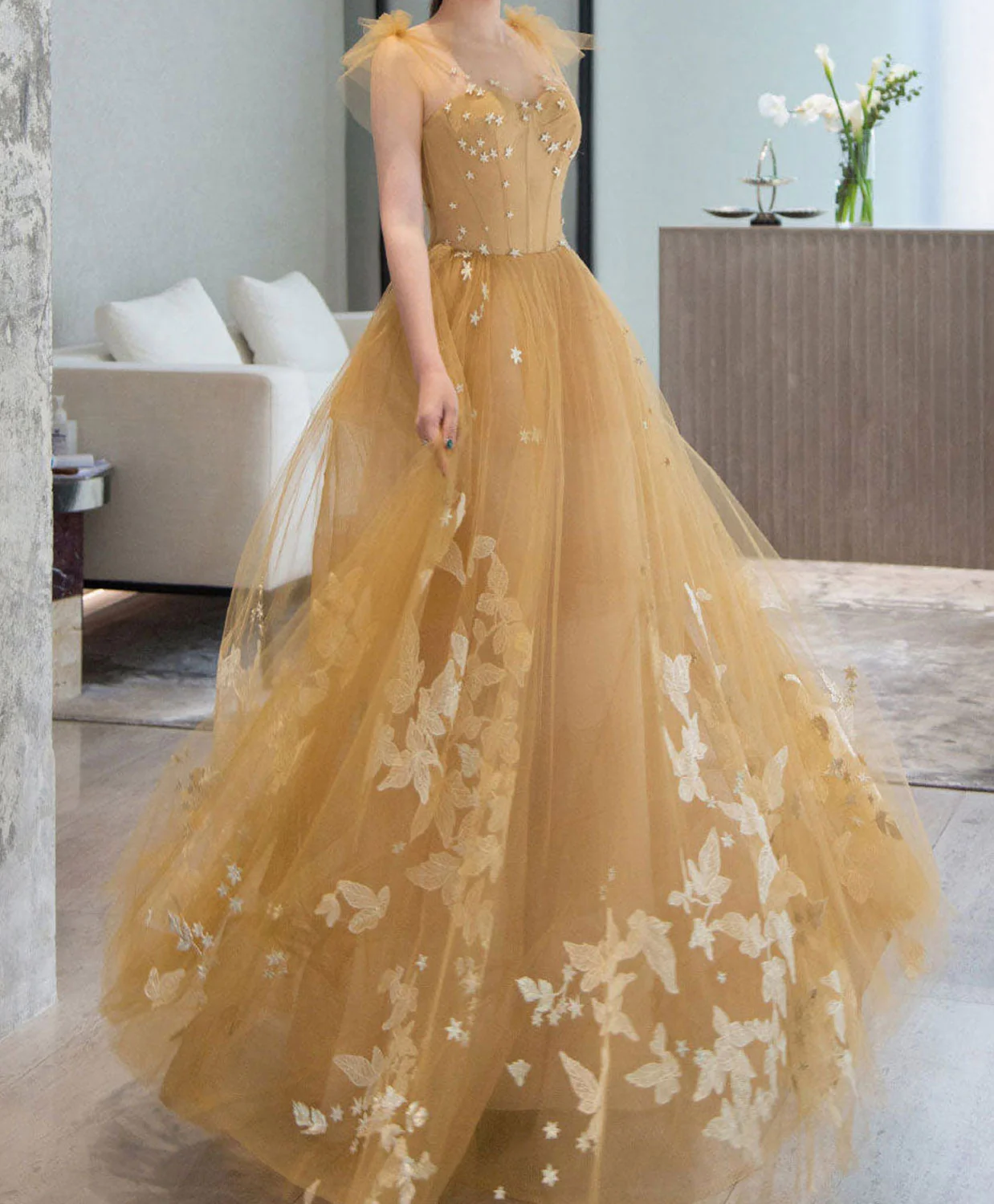 Robe de bal longue en tulle et dentelle champagne, robe de soirée en tulle et dentelle nv859