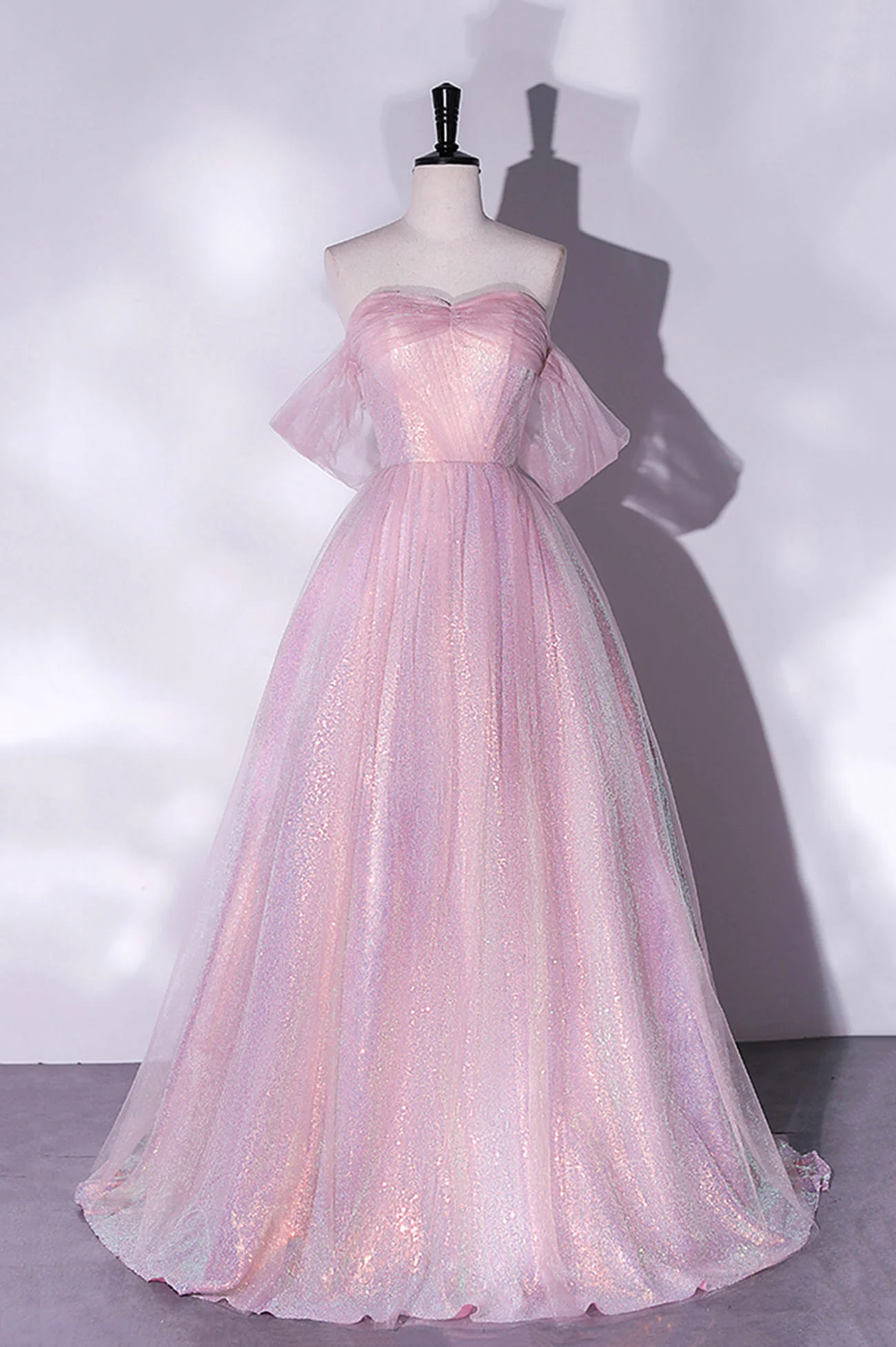 Pink Tulle Sequins Long Prom Dress, A-Line Formal Graduation Dress nv599