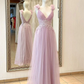 Aline V-Ausschnitt Rosa Lange Ballkleider, Rosa Spitze Lange Abendkleider nv834