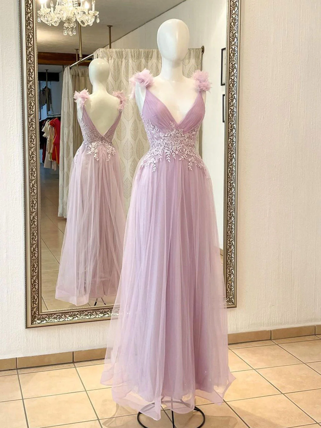 Aline V-Ausschnitt Rosa Lange Ballkleider, Rosa Spitze Lange Abendkleider nv834