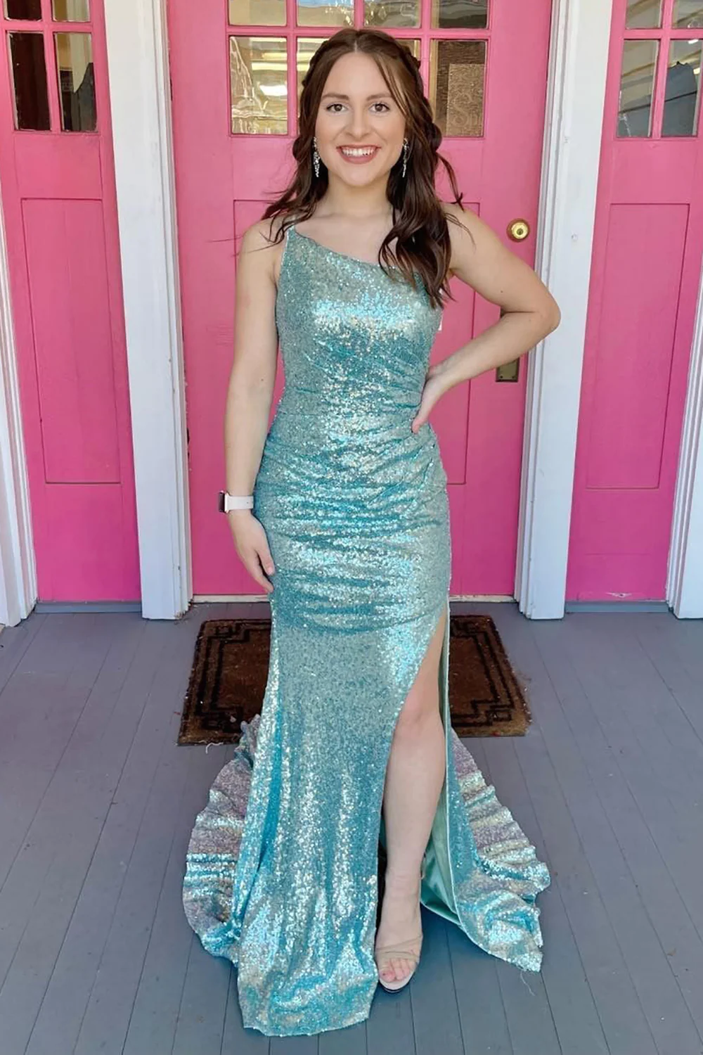 Robe de soirée sirène à une épaule et paillettes, longue fente, bleu, mode, slim, nv694