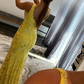 Sparkly Yellow Mermaid Lace Long Prom Dress with Beading nv686
