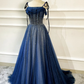 Blaues langes Tüll-Ballkleid mit Perlen, blaues Abendkleid nv606