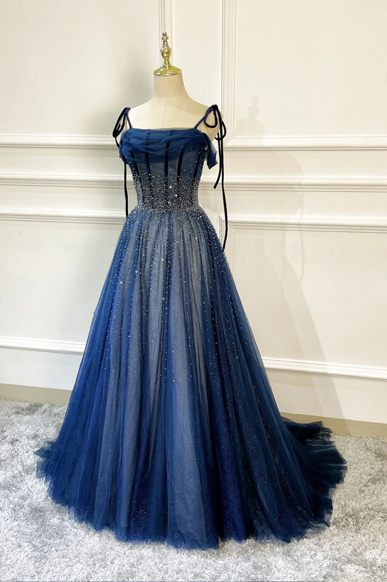 Blaues langes Tüll-Ballkleid mit Perlen, blaues Abendkleid nv606