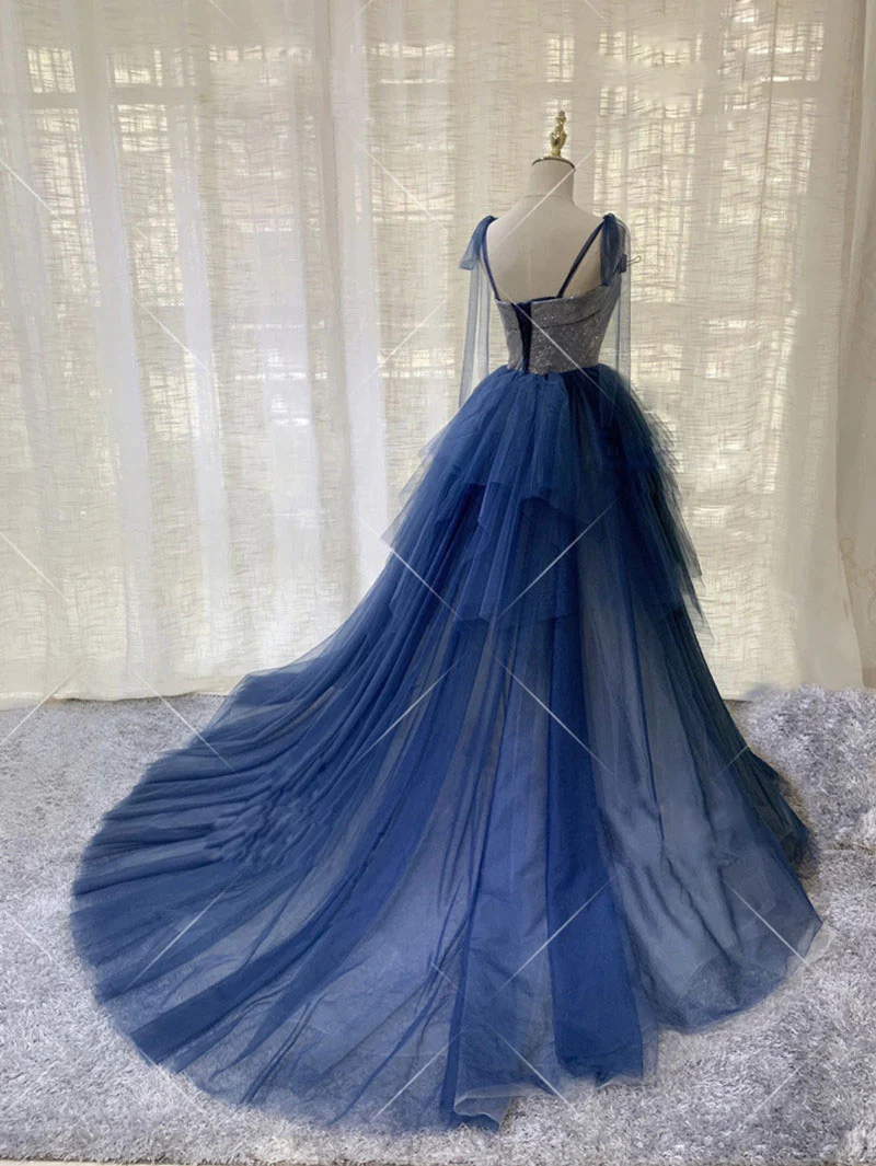 Blue shiny fashion unique sequin long tulle ball gown evening dress nv611