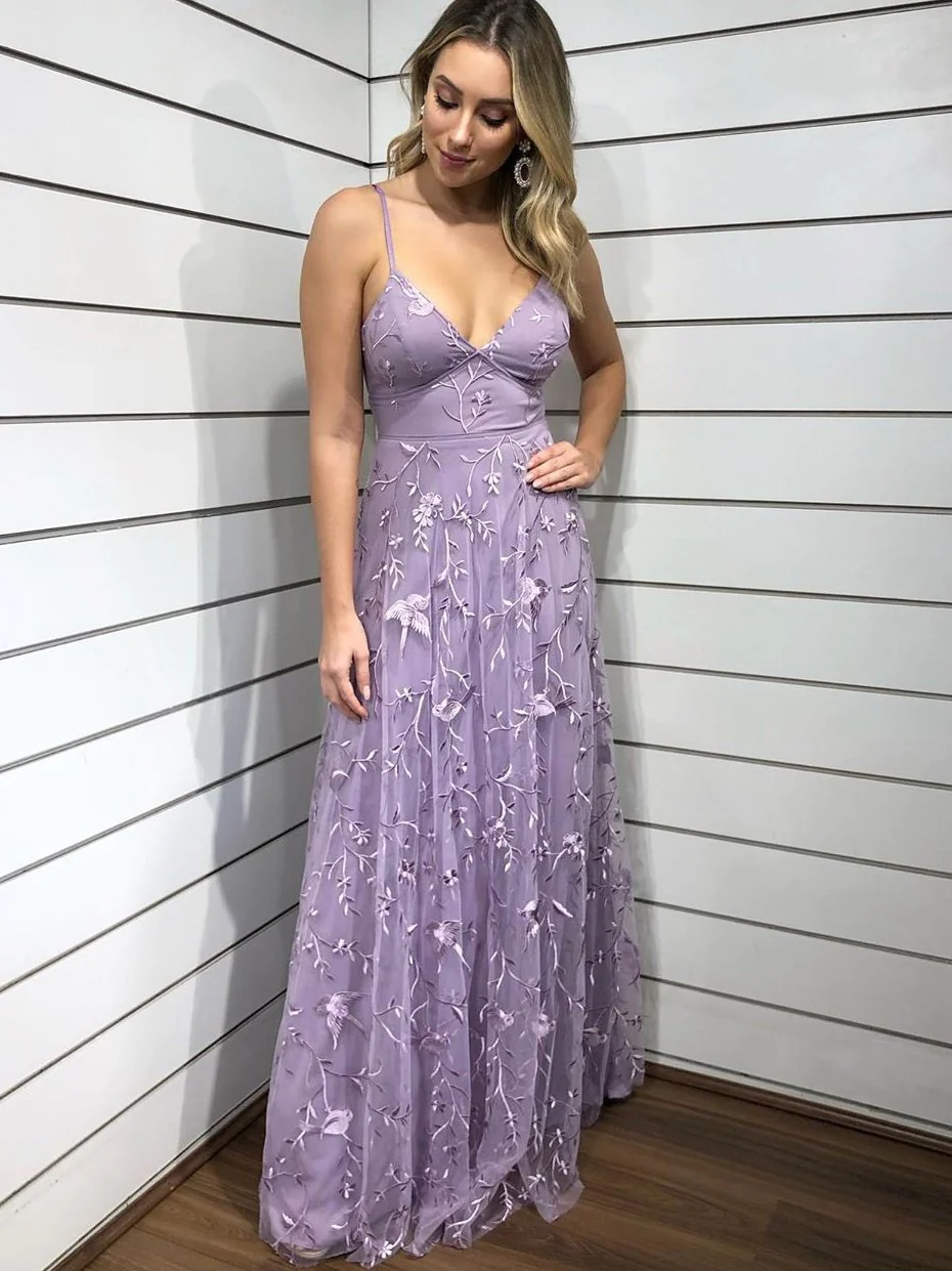 Lila, schickes Ballkleid mit Spitzenapplikationen und Spaghettiträgern, langem Tüll, nv835