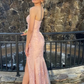 Rosa trägerloses langes Ballkleid aus Spitze mit Schlitz nv662