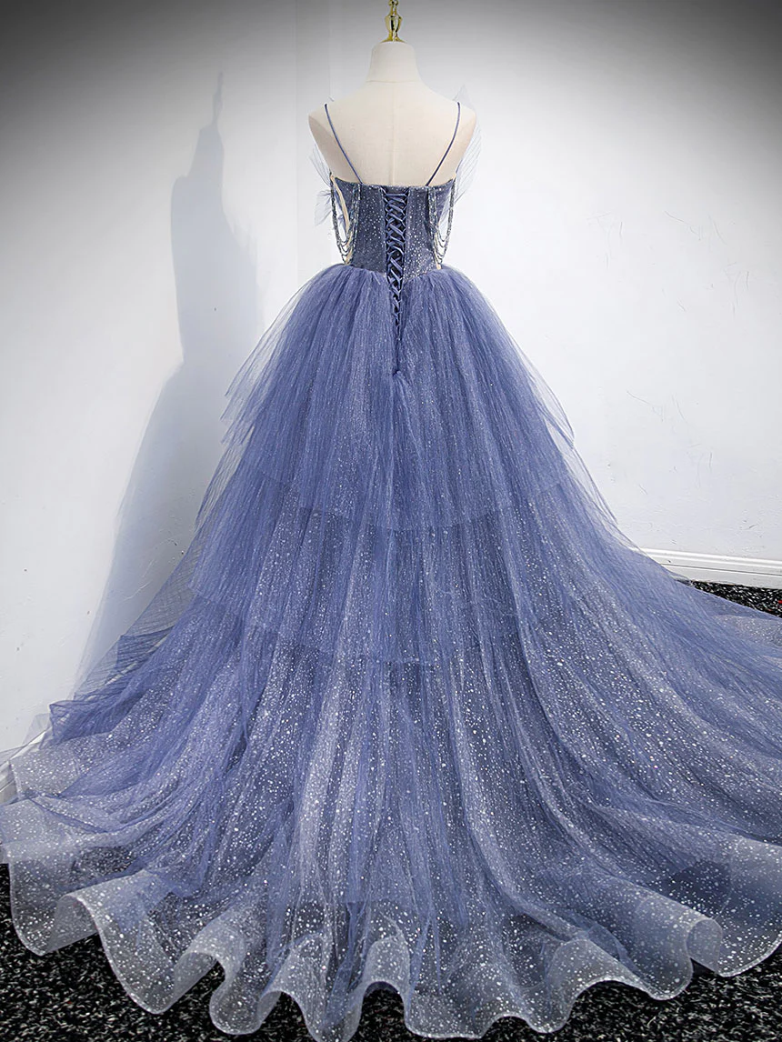 Robe de bal longue en tulle à paillettes et col en V, robe de soirée en tulle bleu nv865