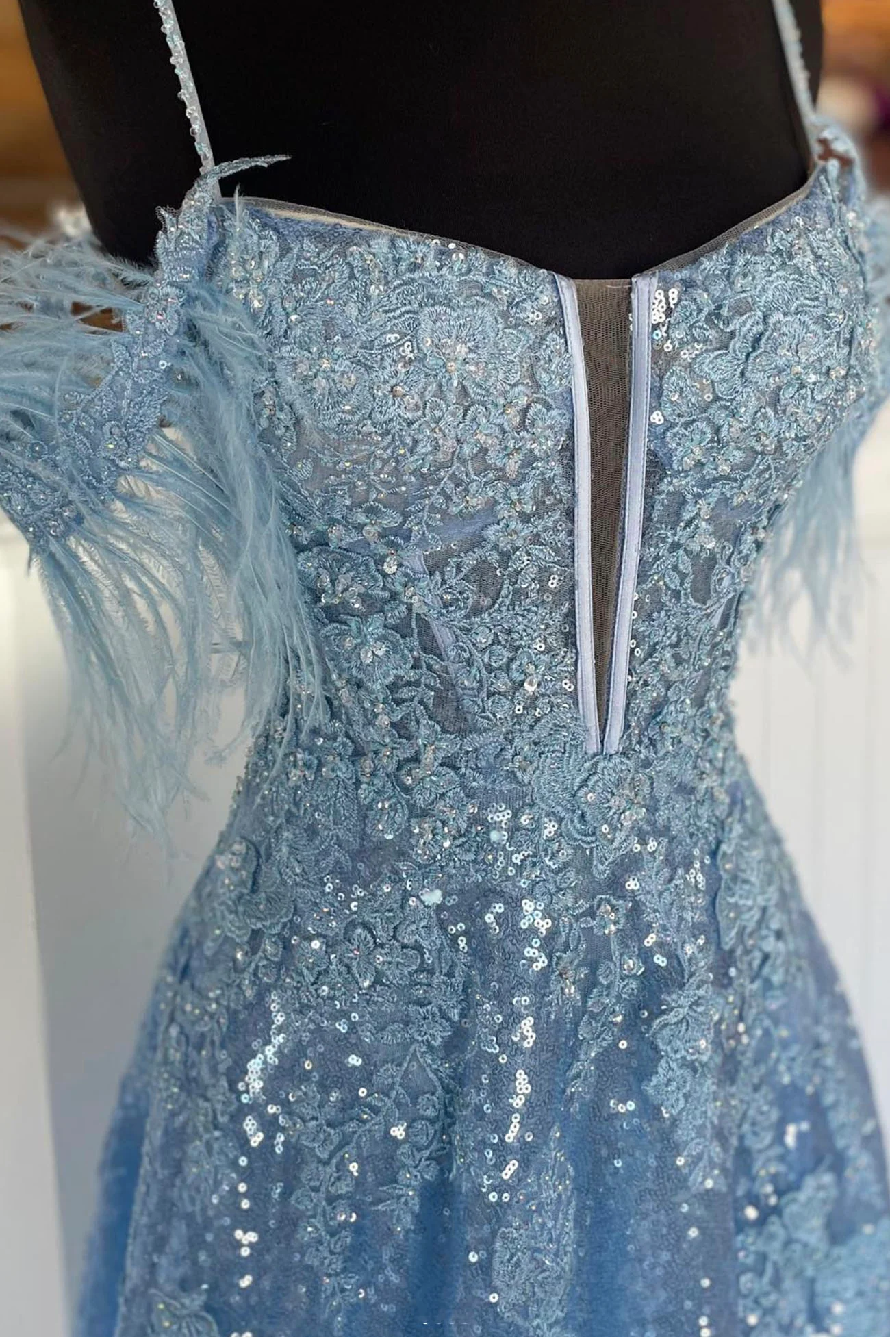 Blue Spaghetti Strap Sequined Lace Prom Dress, Blue Lace-Up Evening Dress nv828