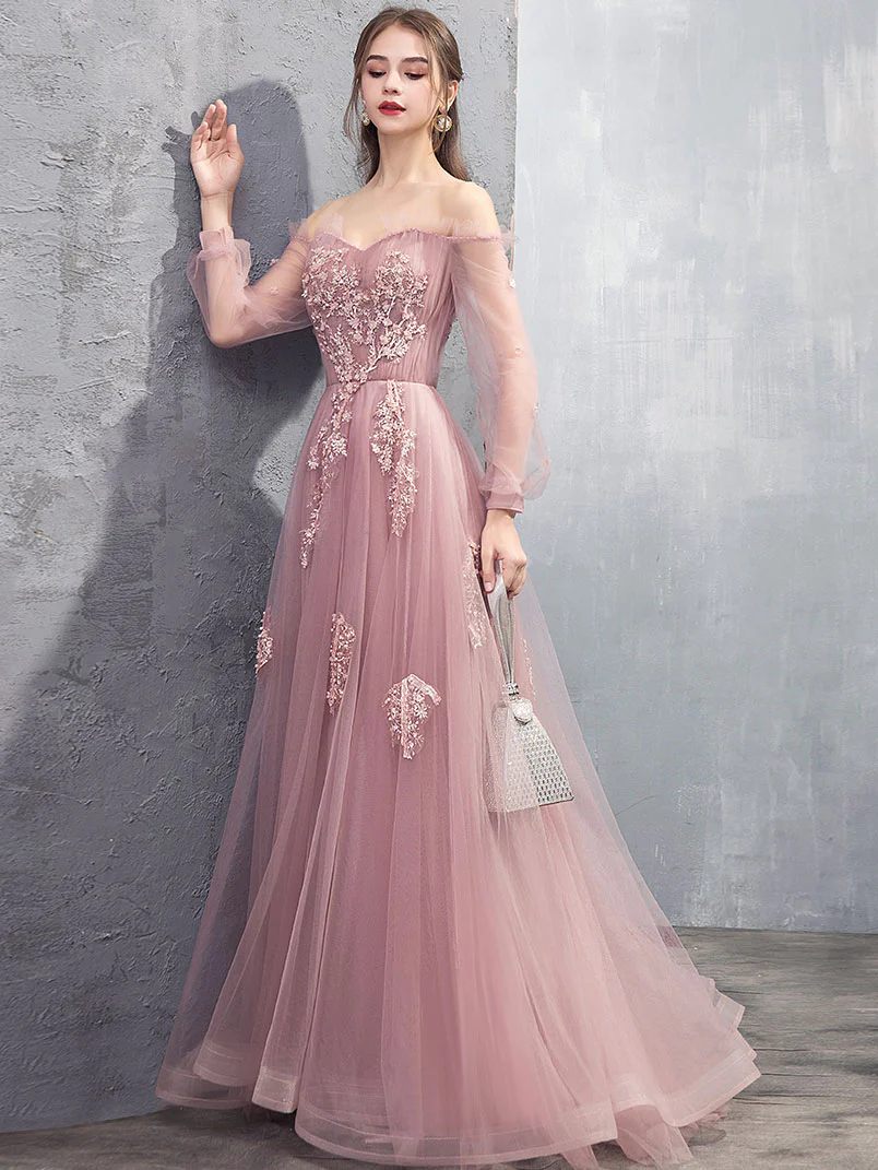 Robe de bal longue en tulle et dentelle rose coupe A Robe de soirée en dentelle rose nv861