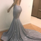 Robe de bal longue sirène à paillettes bleues et dos nu avec perles en cristal nv845