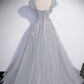 Robe de bal longue en tulle et dentelle grise, robe de soirée longue en tulle et dentelle grise nv596