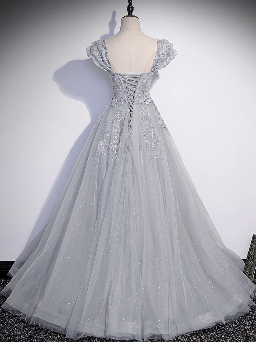 Robe de bal longue en tulle et dentelle grise, robe de soirée longue en tulle et dentelle grise nv596