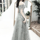 Graues schulterfreies A-Linien-Tüll mit Spitze, langes Partykleid, graues Abendkleid, Ballkleid nv593