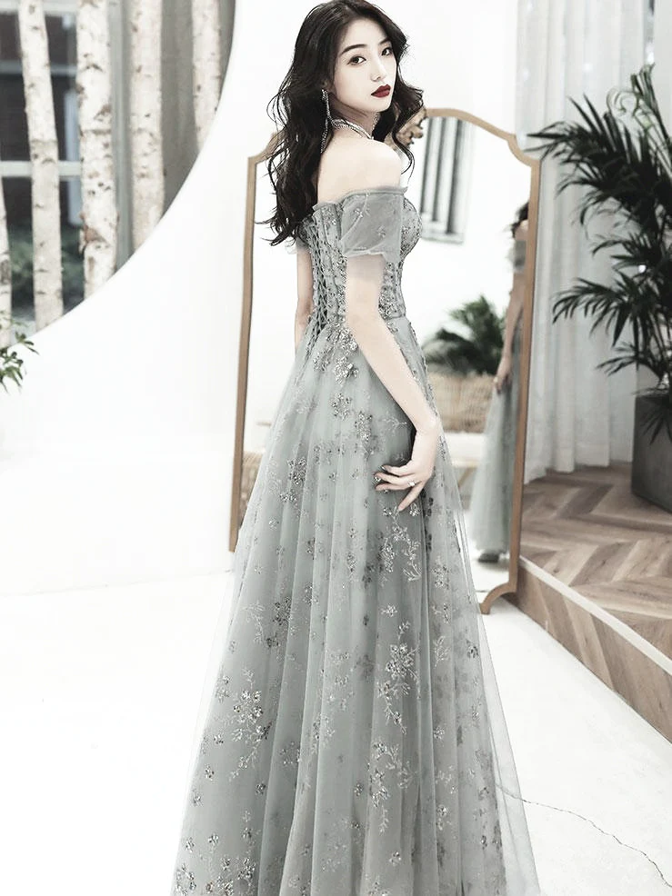 Graues schulterfreies A-Linien-Tüll mit Spitze, langes Partykleid, graues Abendkleid, Ballkleid nv593