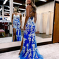 Junior Mermaid V Neck Blue Lace Long Prom Dresses with Slit nv717