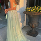 Green V-neck Lace Long Prom Dress, A-Line Evening Dress with Slit nv713