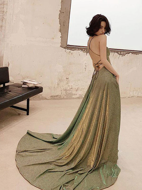 Unique backless long prom dress, green evening dress nv588
