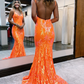 Funkelndes langes Ballkleid im Meerjungfrauen-Stil mit orangefarbenen Pailletten nv627
