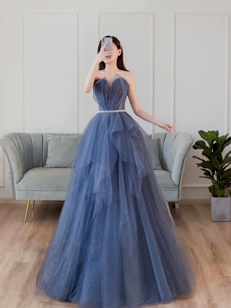 Blaues langes Ballkleid aus Tüll mit herzförmigem Ausschnitt, blaues Abendkleid aus Tüll, NV881