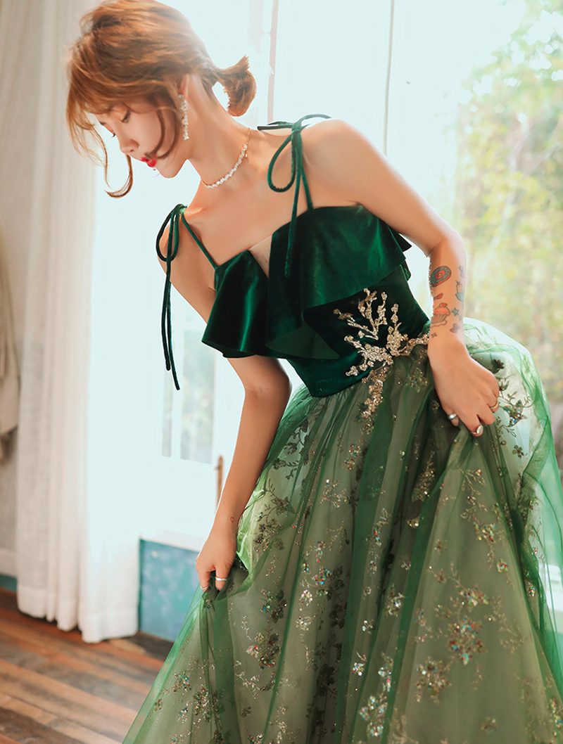 Grünes langes Abendkleid im Feentraum-Stil, Partykleid, Abschlussballkleid, nv586