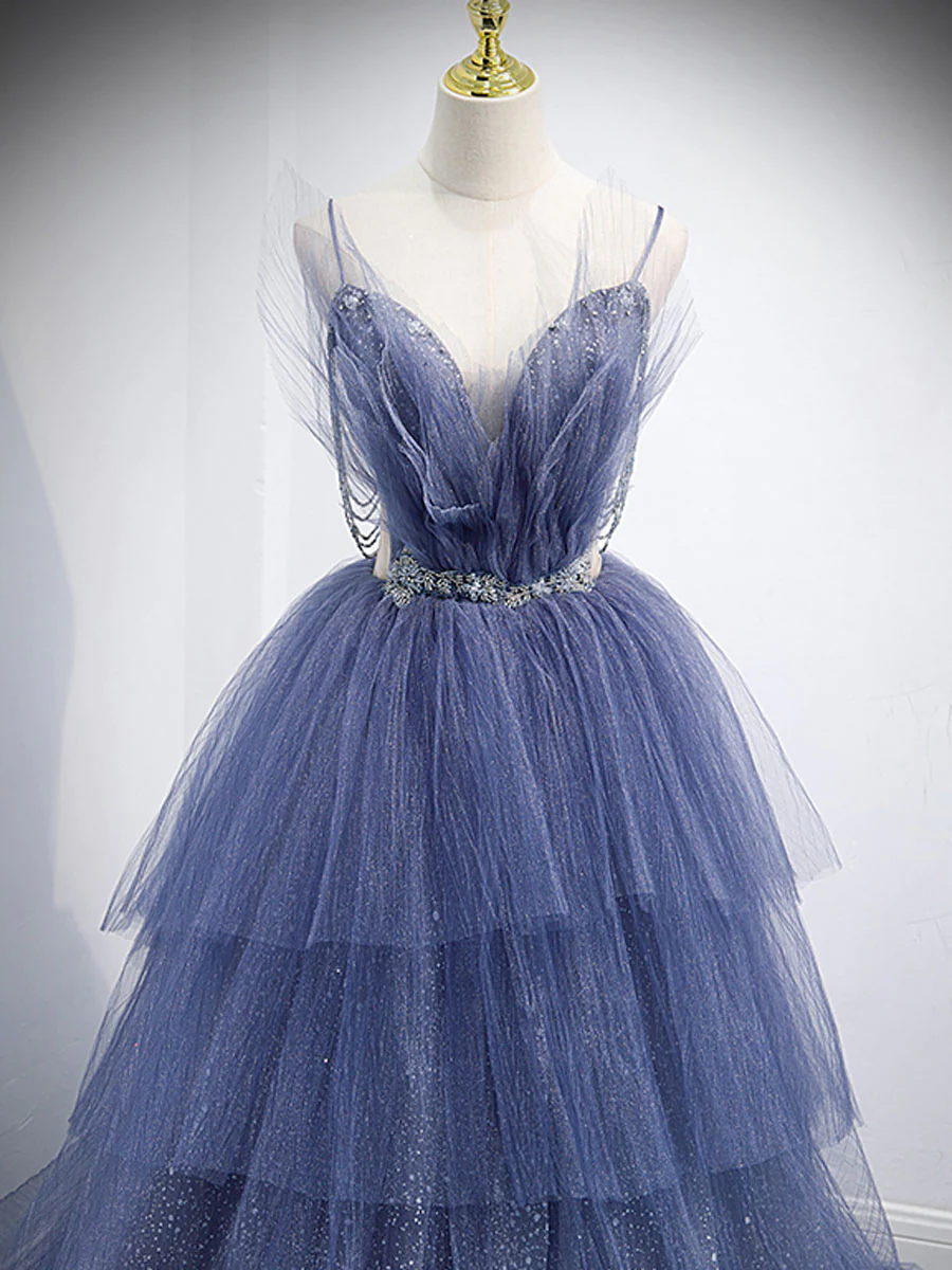 Robe de bal longue en tulle à paillettes et col en V, robe de soirée en tulle bleu nv865
