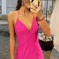 Hot Pink Neckholder Ballkleid mit Perlenbesatz und Schlitz nv680