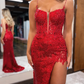 Red Spaghetti Straps Appliques Prom Dress with Slit nv633