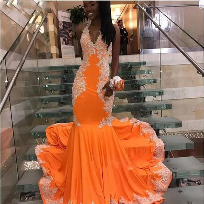 wunderschönes orangefarbenes Ballkleid im Meerjungfrauen-Stil für schwarze Mädchen, NV870