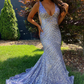 Hellviolettes Meerjungfrau-Ballkleid mit tiefem V-Ausschnitt und Pailletten nv637